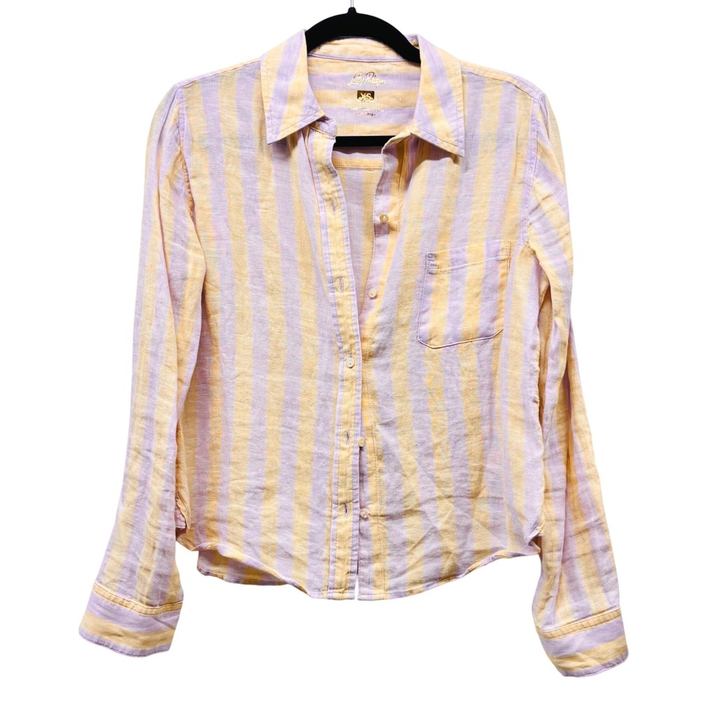 Lilly Pulitzer Linen Striped Button Down Shirt Yellow Purple XS RN 88189